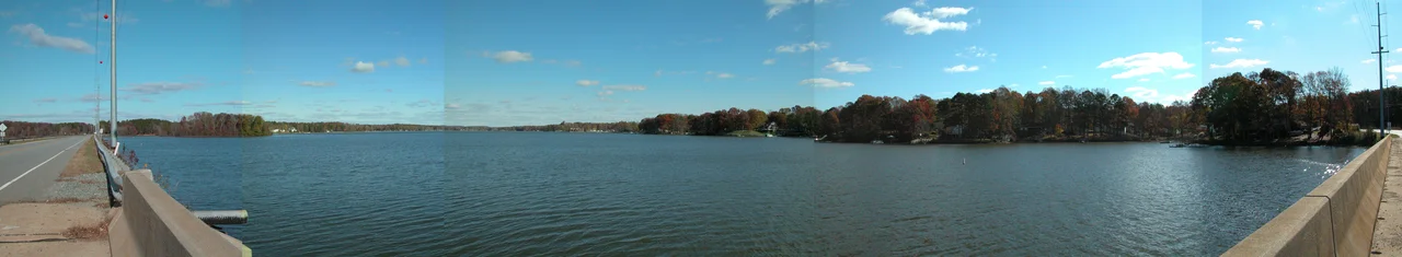 This is a composite panoramic of Abbotts Creek (part of High Rock Lake, NC), as seen from Highway 8.