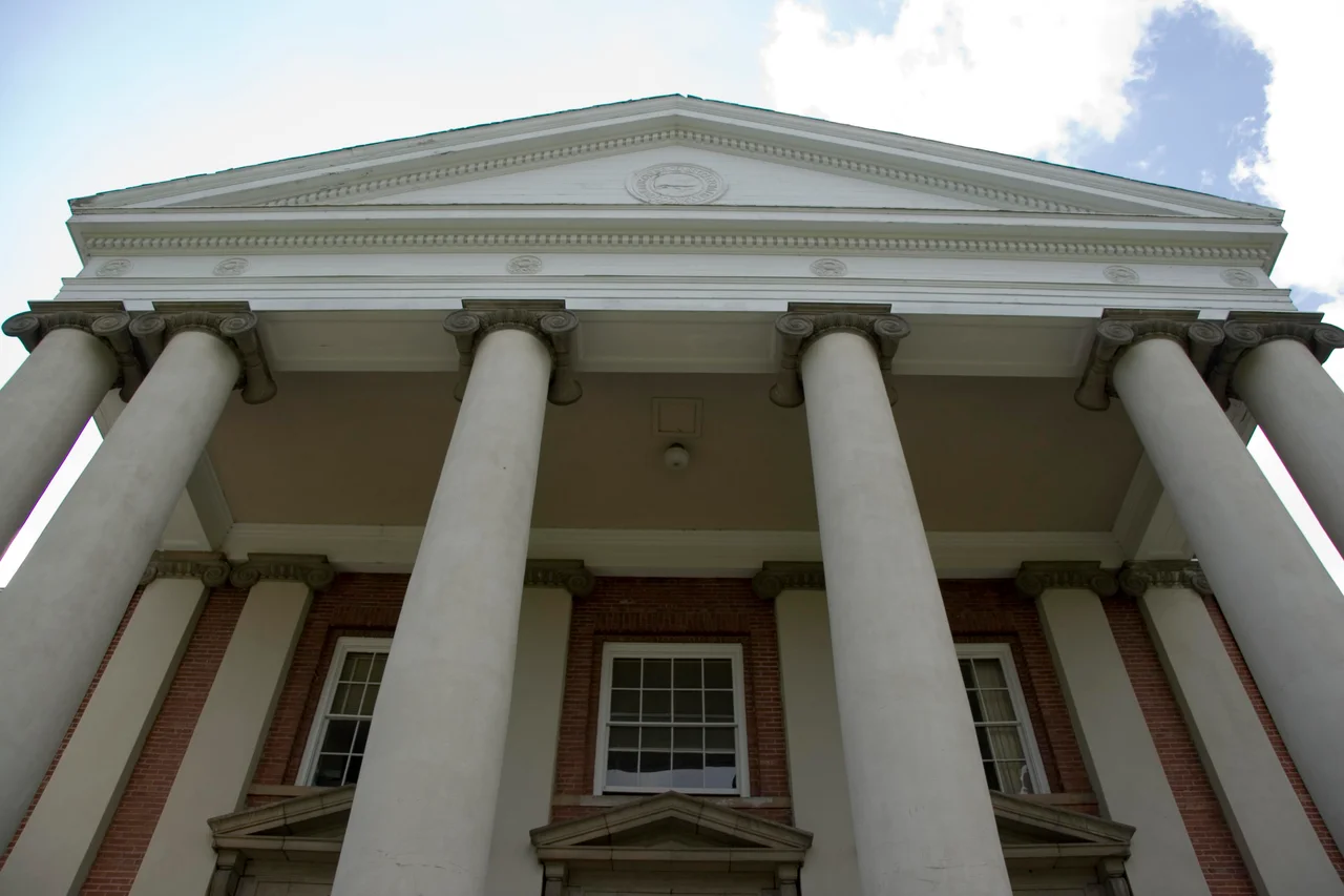 The front columns of Wiley Hall, the main administration building, on the Emory &amp; Henry Campus