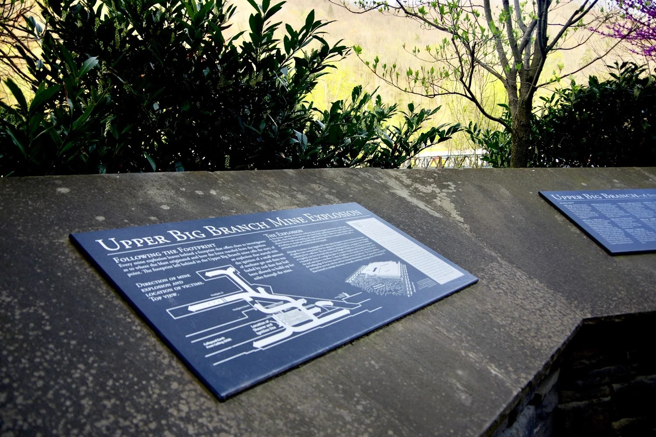Interpretive sign at the Upper Big Branch Miners Memorial in Whitesville, West Virginia, United States.  The sign recalls a mine disaster that occurred in nearby Montcoal in April 2010.