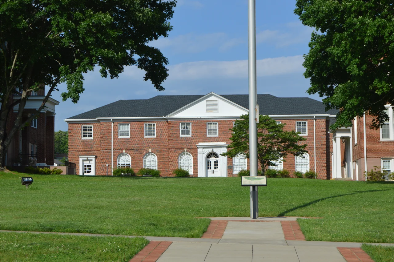 Front of Britt Hall on the campus of Ferrum College in Ferrum, Virginia, United States.  Built in 1942, Britt is part of the college campus historic district, which is listed on the National Register of Historic Places.