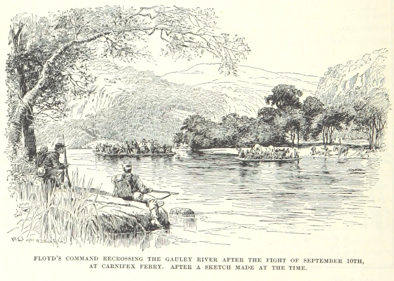 After the Battle of Carnifex Ferry, Confederate troops under John B. Floyd retreat across the Gauley River
