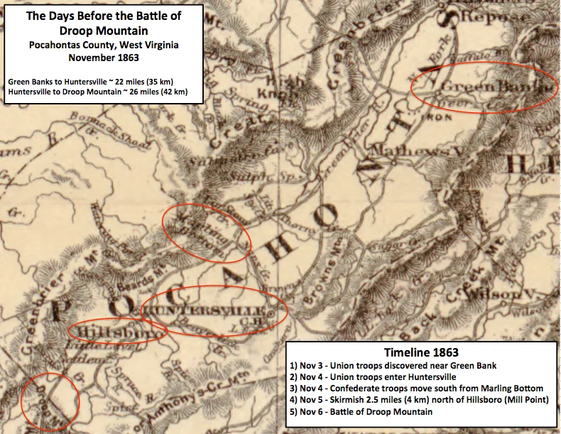 This map shows points of interest in the days before the Battle of Droop Mountain that occurred in West Virginia during November 1863. In the battle, Union forces led by Brigadier General William W. Averell defeated a Confederate force led by Brigadier General John Echols and Colonel William L. Jackson.