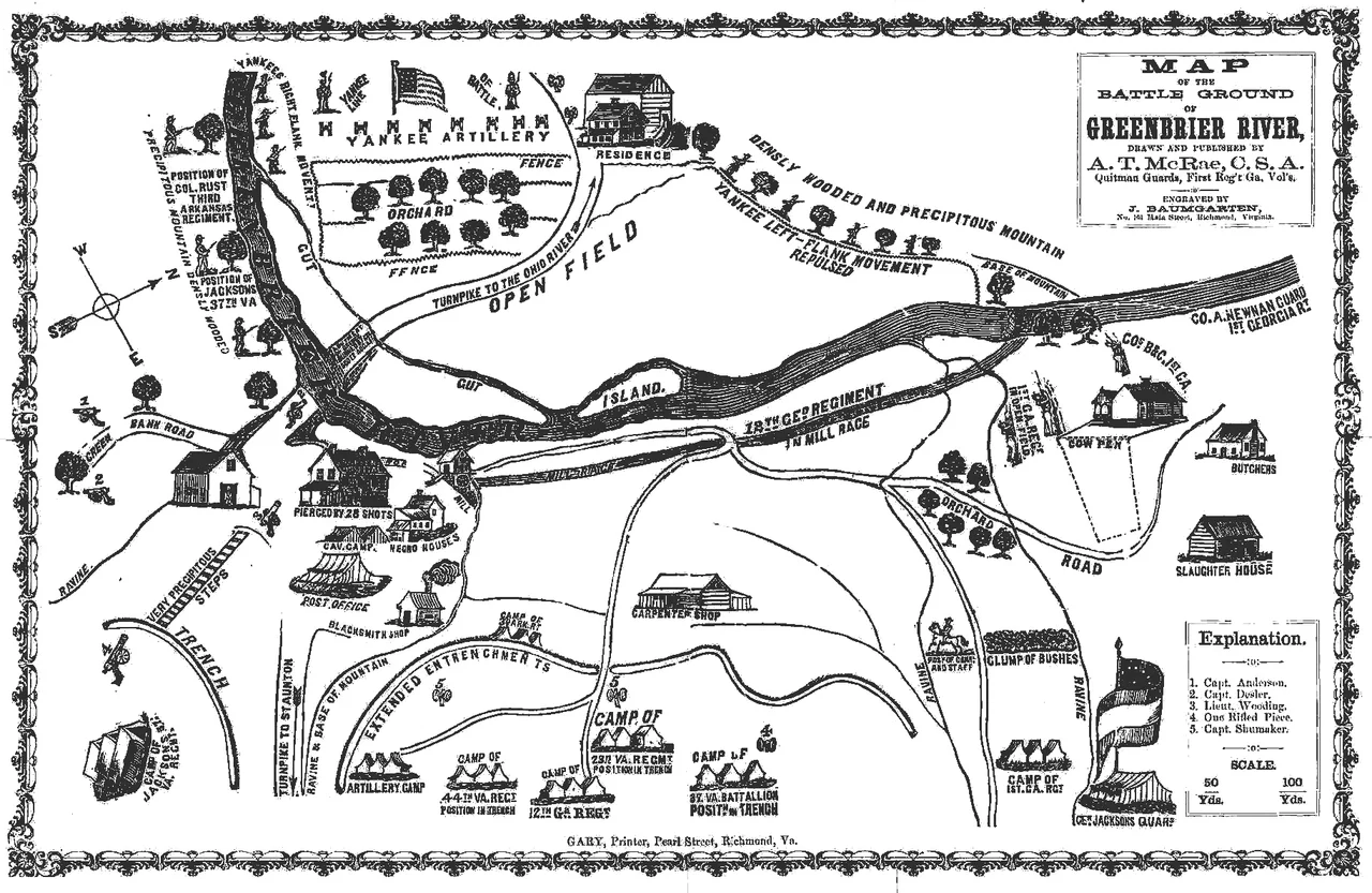 Map drawn and published by A.T. McRae, C.S.A., of the Battle of Greenbrier, West Virginia, Oct. 3, 1861, Pocahontas County.