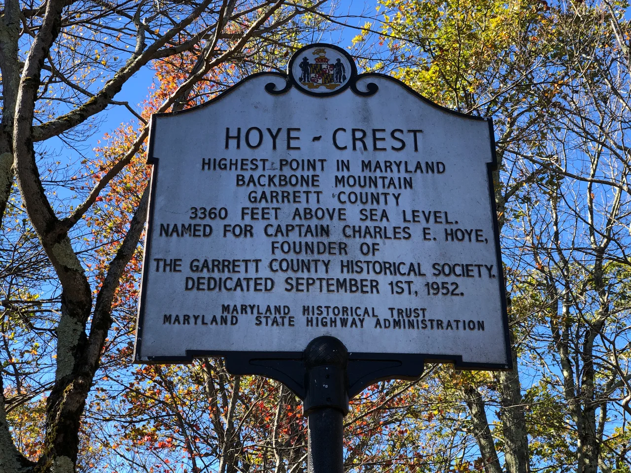Historical marker on the summit of Hoye-Crest on Backbone Mountain in Garrett County, Maryland