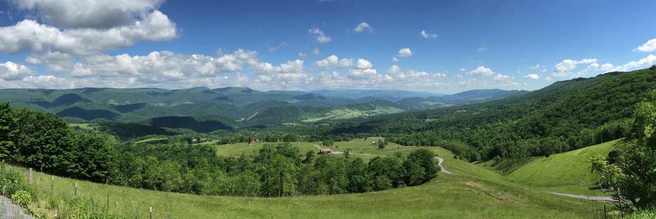 Panorama northwest, north and northeast from the Germany Valley Overlook on U.S. Route 33 (Mountaineer Drive) on the western slopes of North Fork Mountain near Monkeytown, Pendleton County, West Virginia