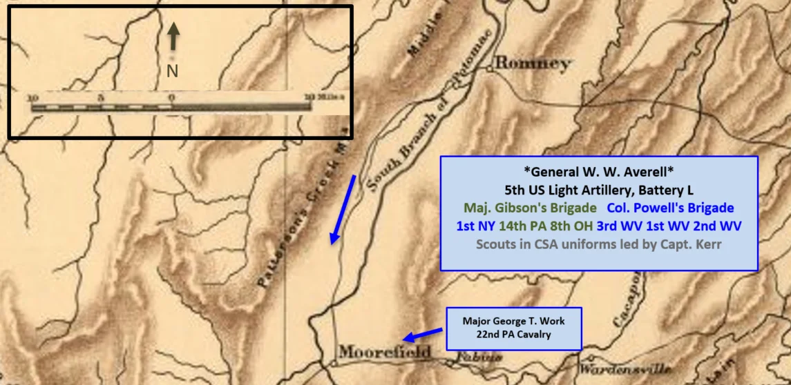 This map shows the approach taken by Union General William W. Averell to Moorefield where the Battle of Moorefield took place (slightly north of) on August 7, 1864.