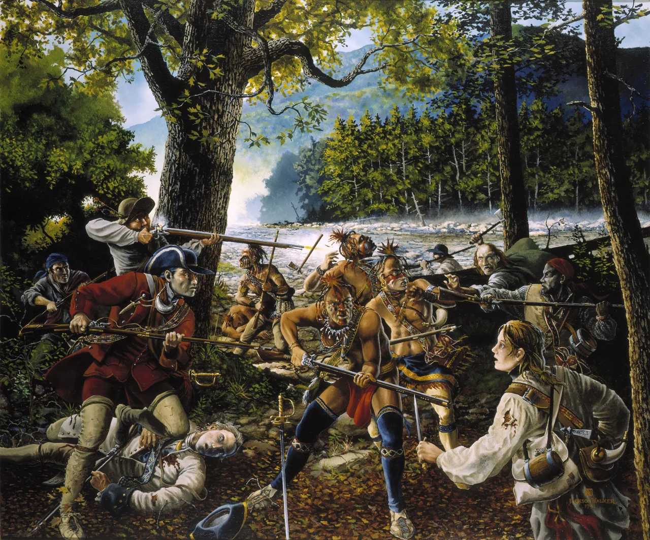 Twenty Brave Men by Jackson Walker for the state of West Virginia, 1756. Note: Hampshire County, West Virginia, Spring 1756..During the 18th century, Britain and France were engaged in an almost continuous struggle to see which nation would be the world's dominant military power.  Wars between the two spilled over to their North American colonies.  By the middle of the century the great prize, claimed by both sides, was the Ohio Valley.  If France could successfully hold it as part of Canada, the 13 English colonies would not be able to expand west of the Appalachian mountains.  In 1755, Britain sent troops to drive the French from the Ohio country.  But Major General Edward Braddock's force of 2,000 British regulars and Virginia militia was ambushed and routed by a French force which included 650 Ottawa and Potawatamie Indians.  Braddock's disastrous defeat left the British frontier undefended.  The French organized their Indian allies into raiding parties led by French officers, spreading death and destruction throughout the Pennsylvania and Virginia frontier.  In Virginia, hundreds of terrified settlers in the northern Shenandoah Valley fled east; those that remained gathered together in fortified houses or log forts.  Militia officers were sent west to organize the settlers for defense and to recruit for the regiment of full-time troops which would serve with the British Regulars.  In the spring of 1756, Captain Jeremiah Smith of Albermarle County arrived in Hampshire County, Virginia, then on the western edge of settlement and today part of West Virginia.  He was just in time . . . a party of about 50 Indians, with a French captain at their head, crossed the Alleghany Mountains. . . Captain Jeremiah Smith raised a party of twenty brave men, marched to meet this. . . foe, and fell in with them at the head of the Capon River, when a fierce and bloody battle was fought.  Smith killed the captain wtih his own hand; five other Indians having fallen. . . they gave way and fled.  Episodes such as this were repeated scores of times in the frontier counties of what is now West Virginia, which also supplied recruits for the full-time Virginia Regiment.  The spirit of these citizen-soldiers of the French and Indian War is carried on today by the men and women of the West Virginia Army National Guard.