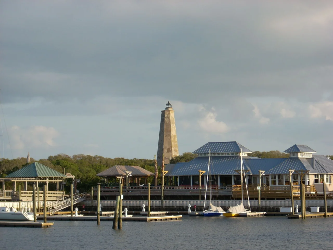 Bald Head Island, North Carolina, marina with "Old Baldy" in the background