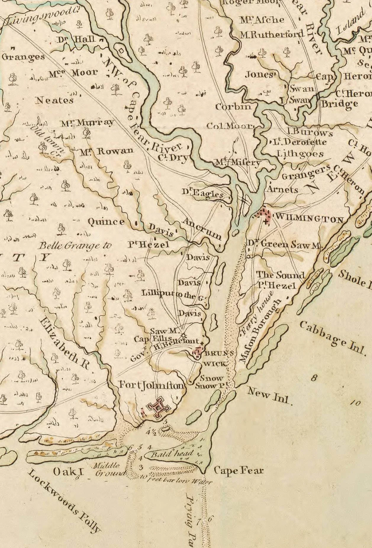An excerpt of John Collet's 1770 map of North Carolina depicting the mouth of the Cape Fear river, including Wilmington, Brunswick, and Fort Johnston
