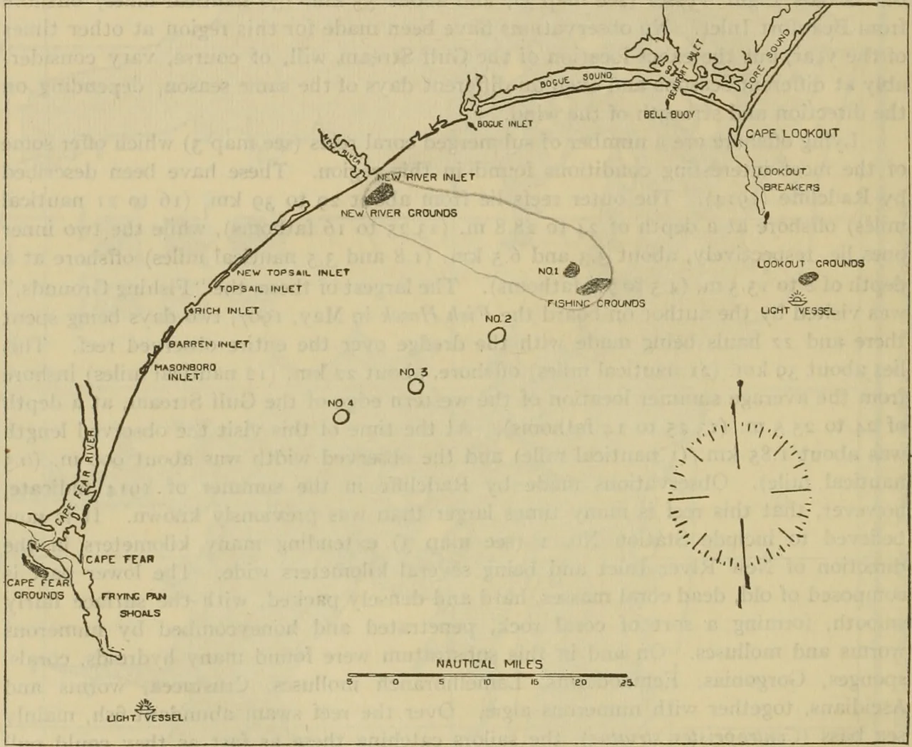 Location of known 'fishing grounds,' mostly submerged coral reefs, offshore from the region of Beaufort, N.C. (From Radcliffe, 1914) The largest of these, the 'Fishing Grounds,' is larger than shown here, extending from New River Inlet and probably including Station No.1. Algae referred to as coming from the coral reef offshore were gathered from this reef
Subject: North Carolina--Maps
Geographic Subject: United States--North Carolina
Tag: Coasts