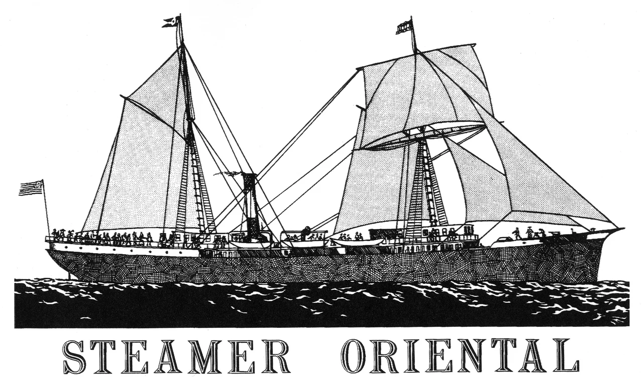 Sailing Steamer Oriental built in Philadelphia in 1861. Used as a Federal transport ship in the Civil War. She met her fate a year after being launche in May of 1862 when she was shipwrecked off Bodie Island, 33 miles north of Cape Hatteras. Her passengers and crew were saved.
The town of Oriental, NC was renamed after this sailing steamer