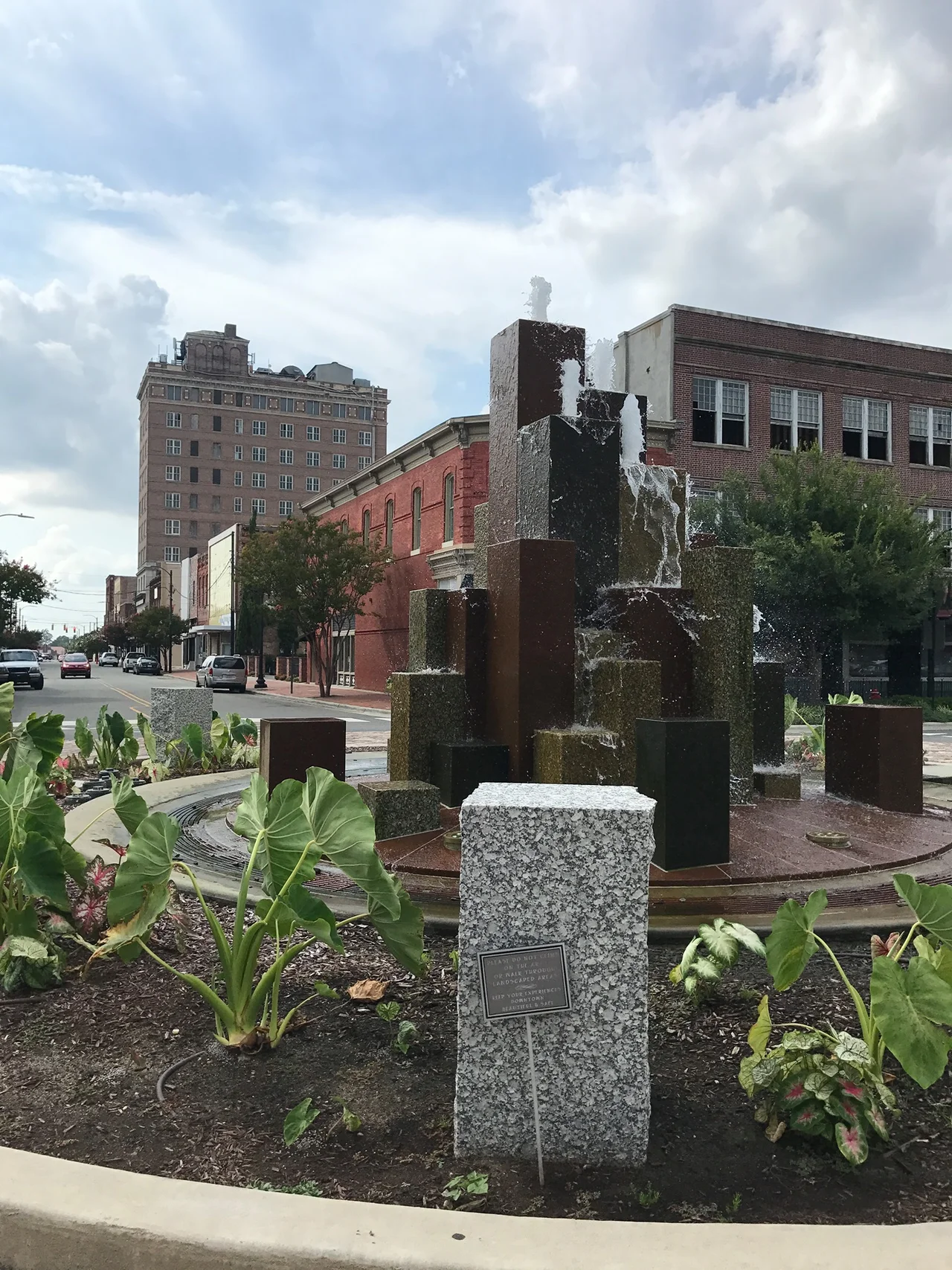 Fountain in traffic circle at intersection of Center and Walnut Streets in Goldsboro
