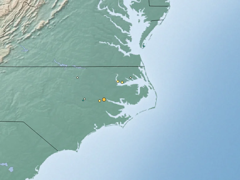 Map plotting the touchdown points of tornadoes during a tornado outbreak that impacted North Carolina on April 25, 2014. Plots and image created using QGIS with data from the National Oceanic and Atmospheric Administration.