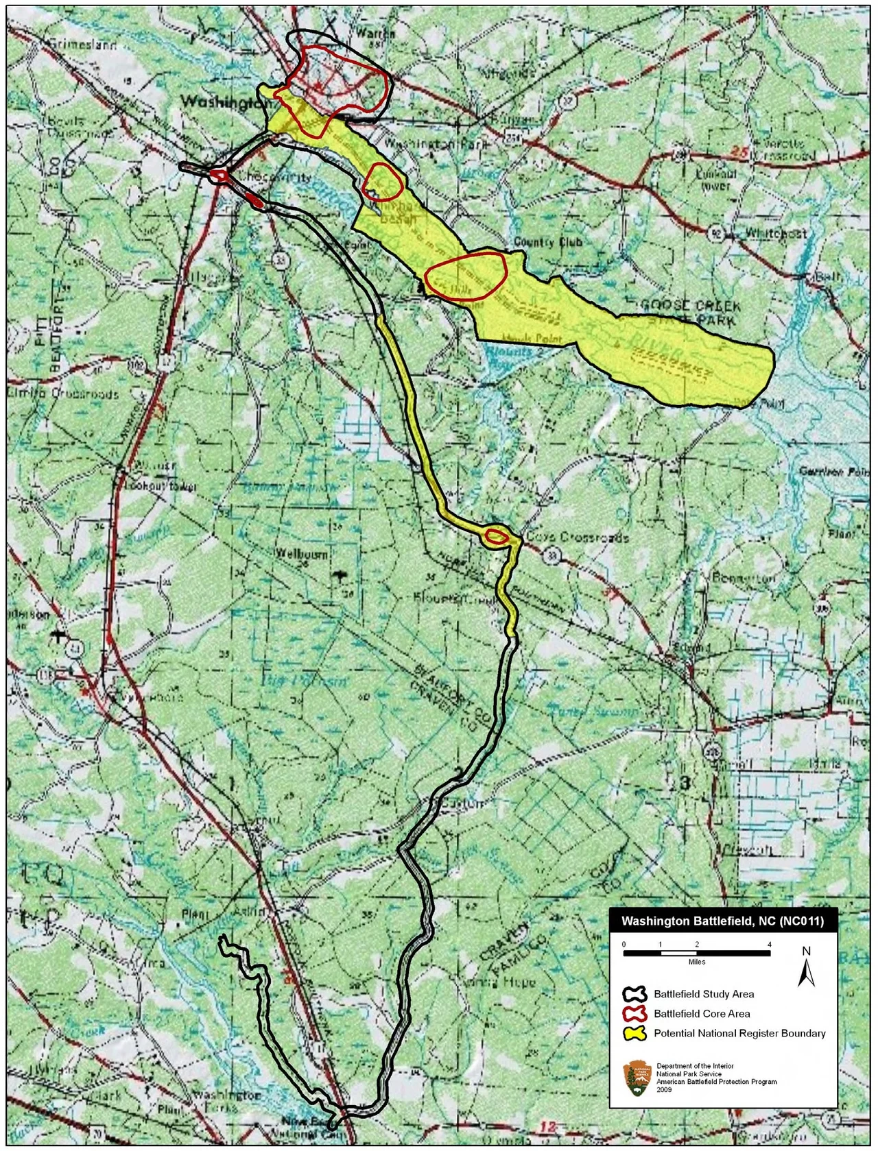 Map of battlefield core and study areas.
The ABPP made substantial changes to the 1993 battlefield boundaries. Core Areas were added to describe areas of naval bombardment and locations of Confederate delaying actions along the Federal approach to Washington.

The Study Area was expanded to accommodate the new Core Areas, to reflect the areas in which Federal naval forces operated, and to illustrate the approach route of the Union army’s relief column.