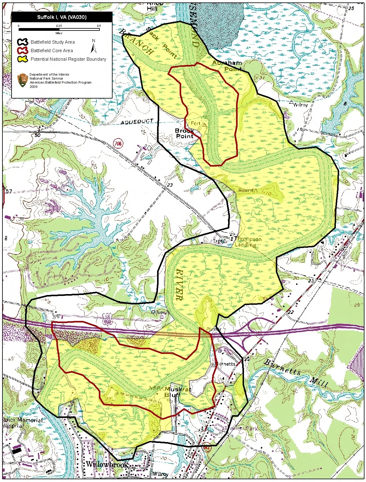 Map of battlefield core and study areas.
The Study Area was expanded to accommodate a second Core Area that represents the Federal gunboat attack on April 14 against the Confederate battery at Hill’s Point.