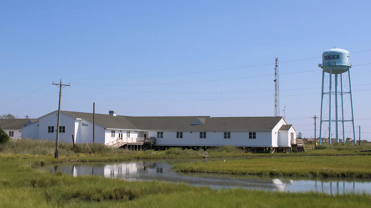 Tangier Combined School and the Tangier water tower, two landmarks on Tangier Island, Virginia
