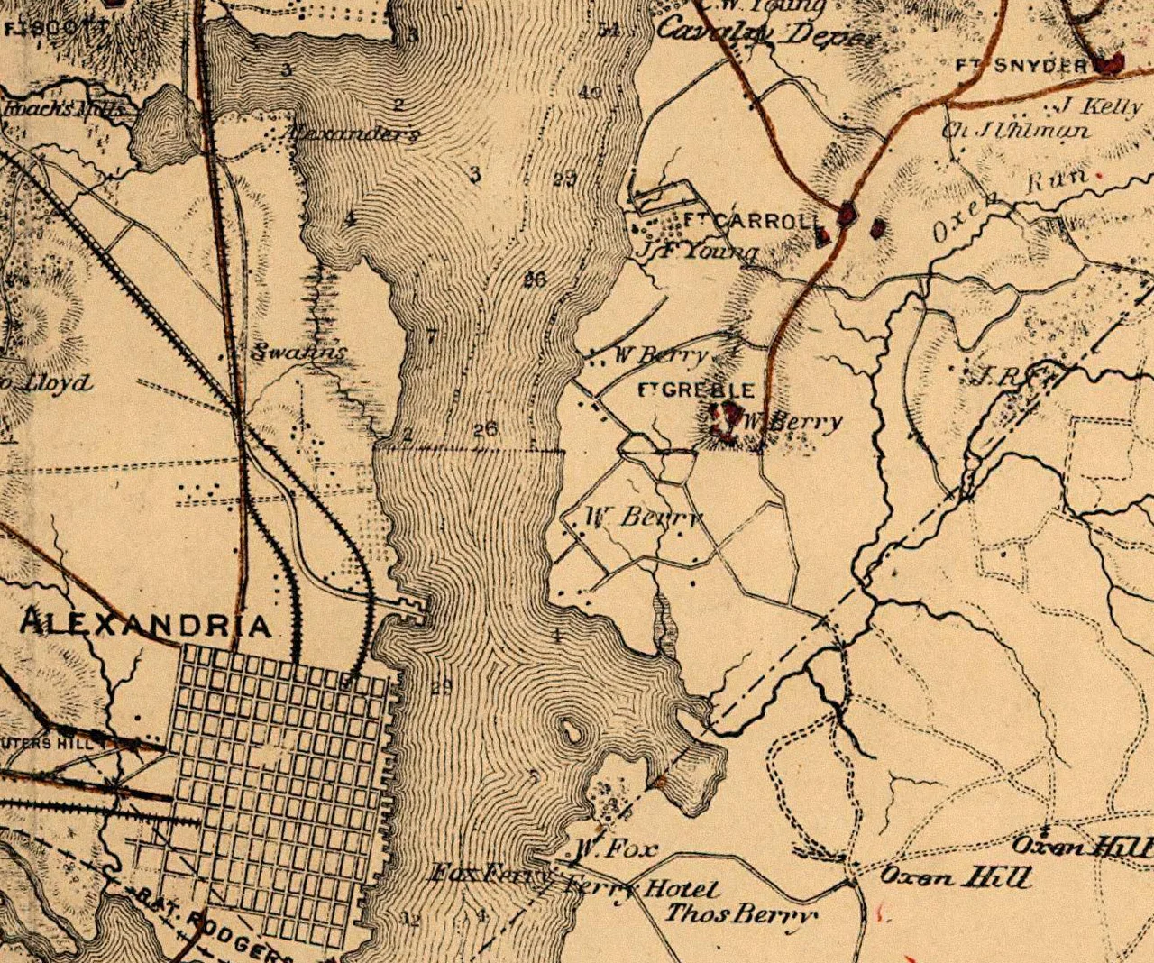 Crop of larger 1865 map of the Civil War defenses of Washington, D.C. produced by the U.S. War Department.
