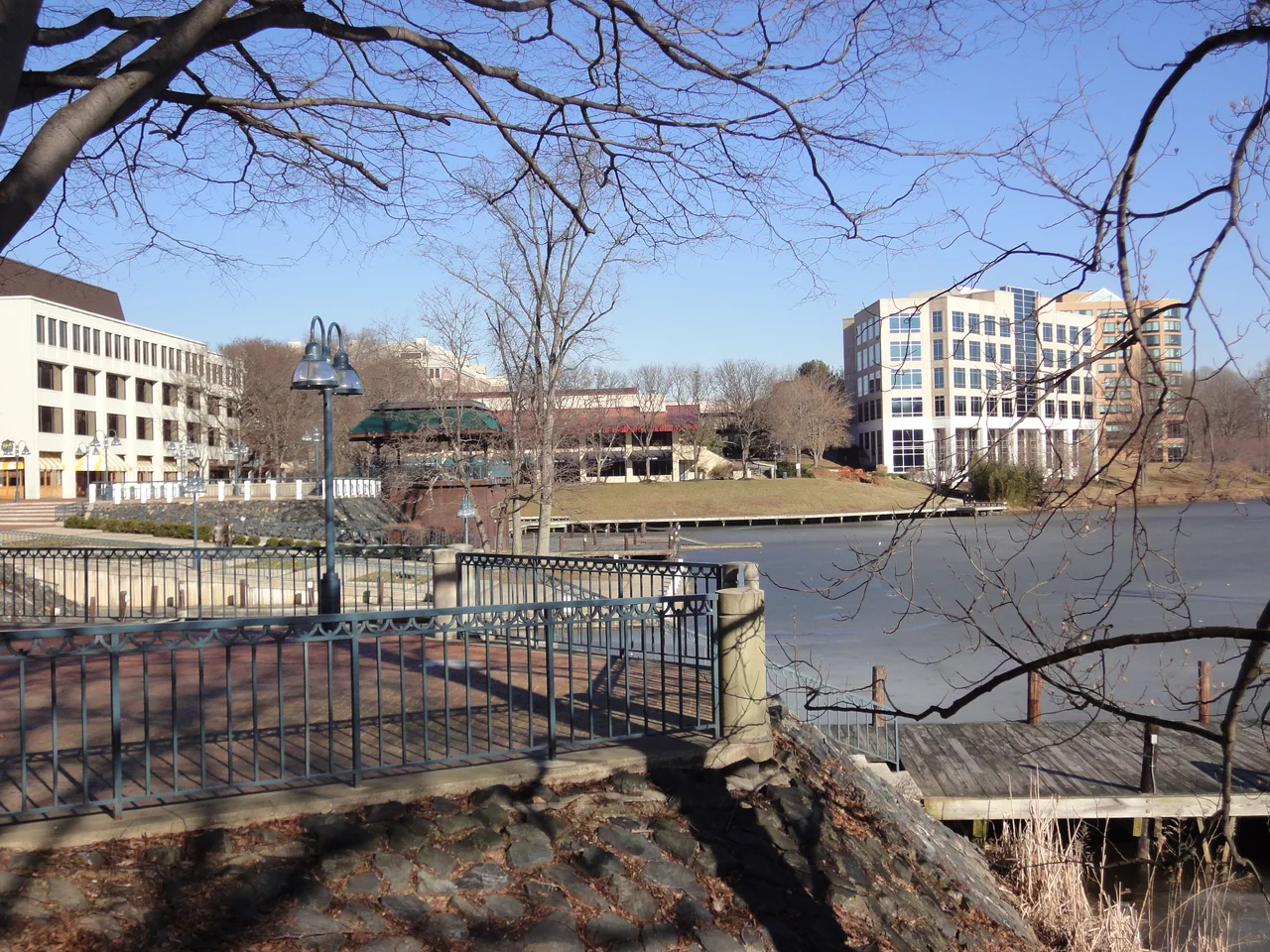 A landscape view of Columbia Town Center in Columbia, Maryland, including Lake Kittamaqundi. Many of the buildings in the area were constructed after 1970.