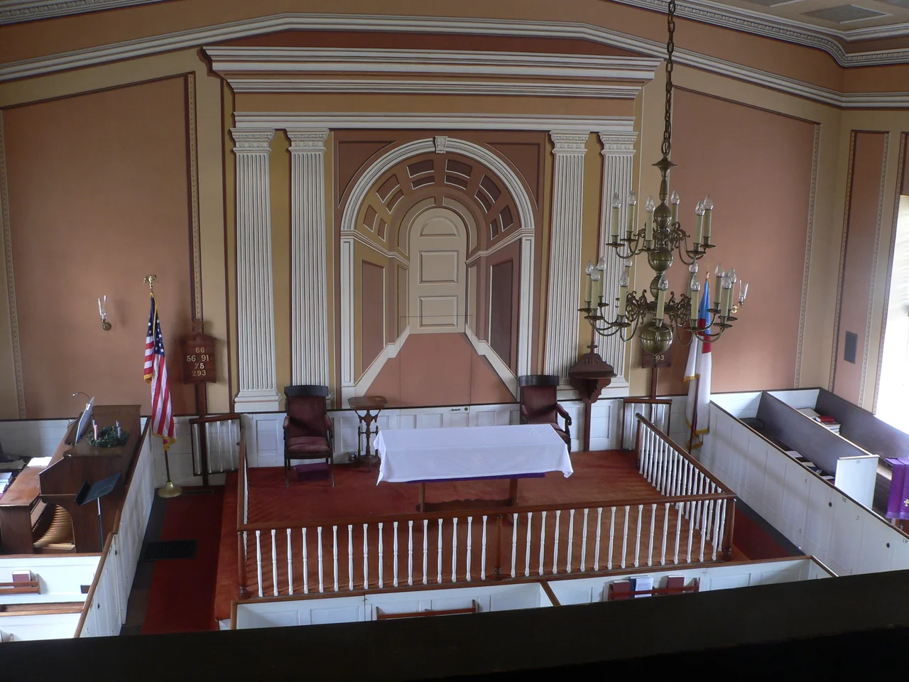 Interior of St. James Episcopal Church in Accomac, Virginia.  Camera is in choir loft, looking down toward altar.