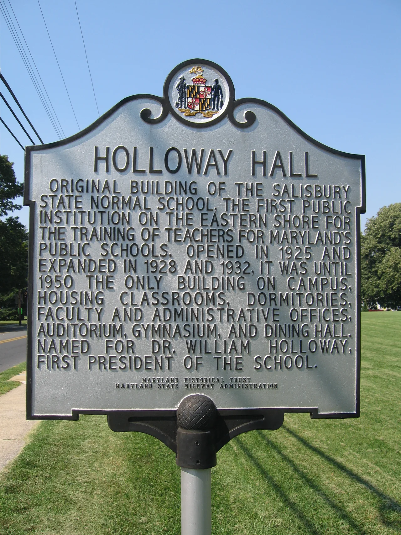 Historical marker designating the site of Holloway Hall at Salisbury University located at 1101 Camden Avenue, Salisbury, Maryland.