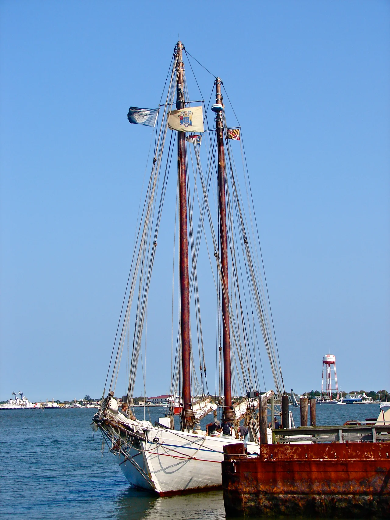 A.J. MEERWALD (Schooner), on the NRHP since November 7, 1995. Generally located at the docks near 22 Miller Ave. on Maurice River, Commercial Township, with coords 39°14′5″N 75°1′50″W. This photo taken in Cape May Harbor, Cape May, New Jersey, a common stop. The Meerwald, an oyster dredging schooner, is the official tall ship of the State of New Jersey.
