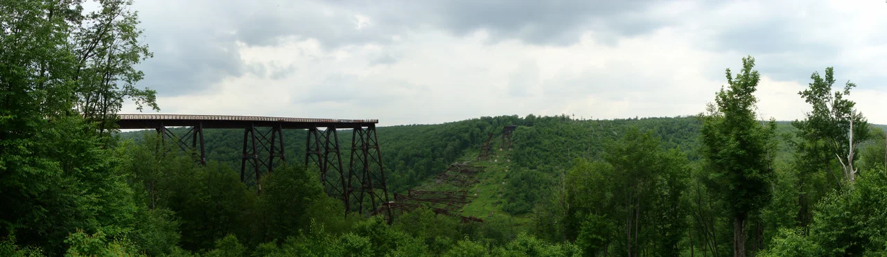 Panorama of Kinzua Bridge in the Kinzua Bridge State Park in McKean County, Pennsylvania. Originally 7 vertical photos. This panoramic image was created with Autostitch (stitched images may differ from reality).