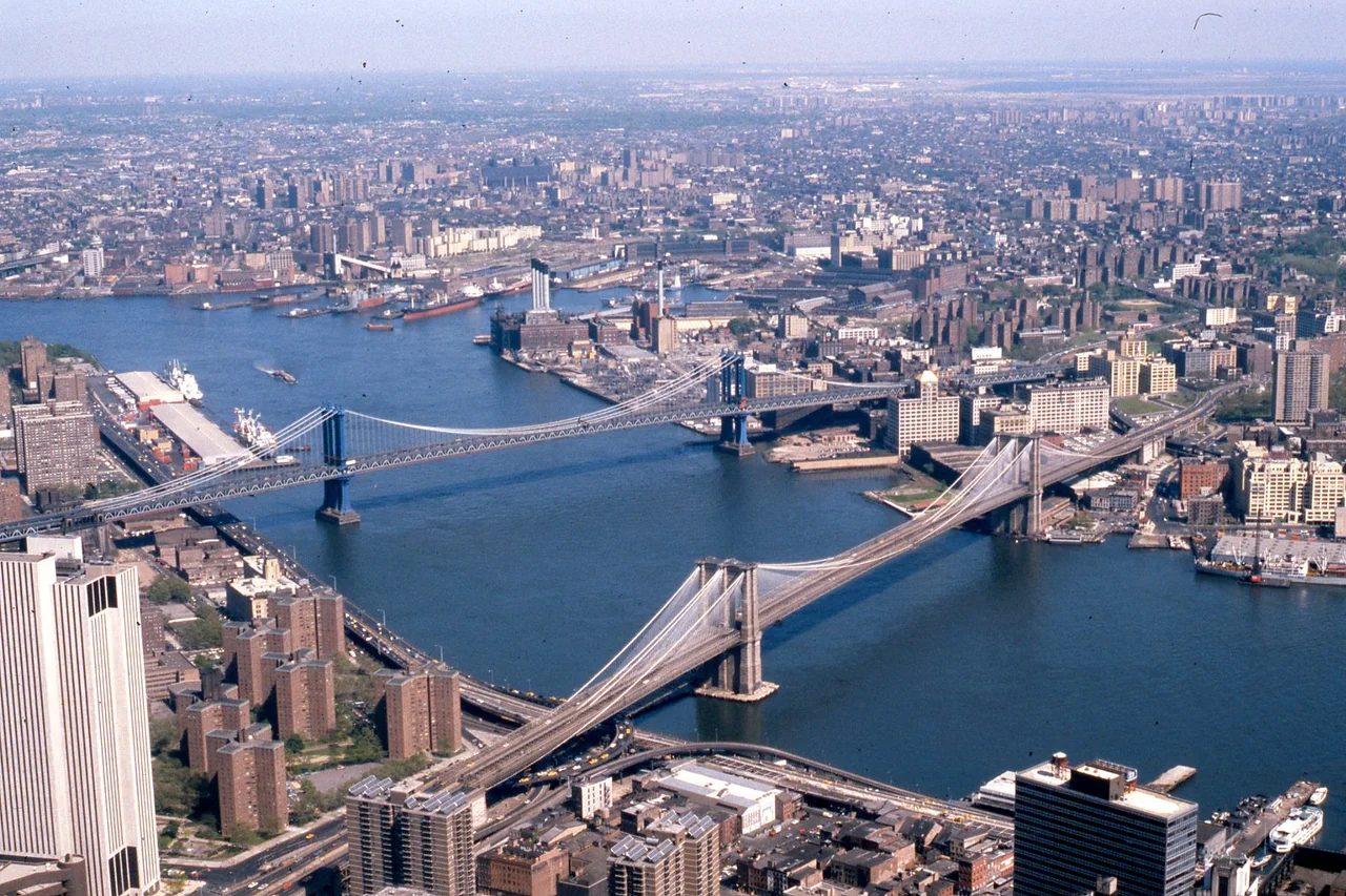 Manhattan and Brooklyn bridges on the East River, New York City, with Queens and Manhattan at top and bottom, 1981. For Bridges and tunnels in New York City.
Other information

Photo by George Garrigues.
