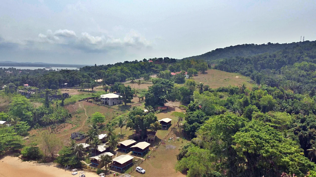 Aerial shot of Robertsport Beach and Nana's Lodge