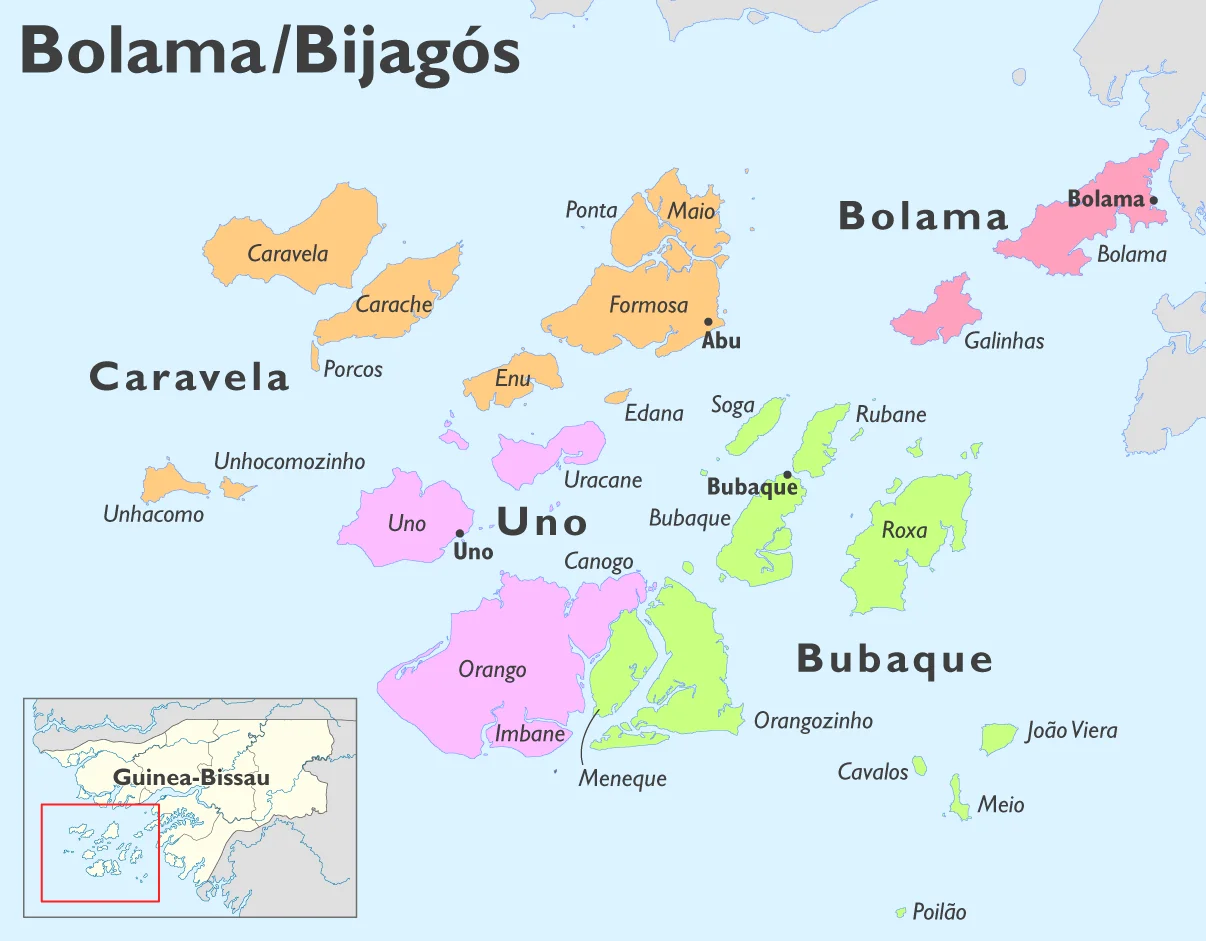Map of the sectors of the Bolama Region, Guinea-Bissau