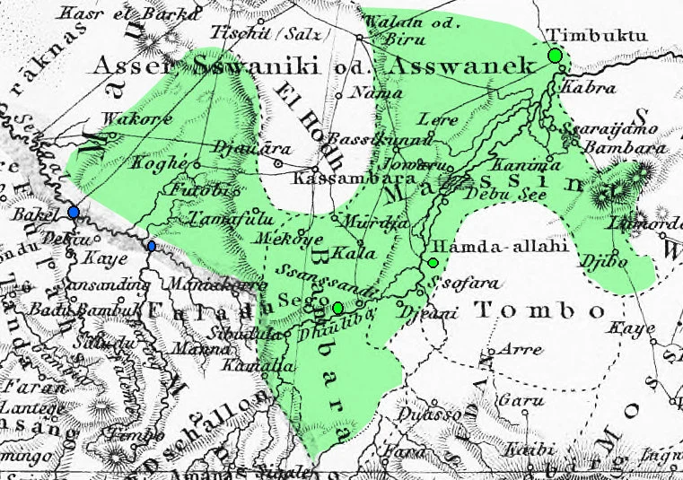 General outline (green) of ʿUmar Tal's Empire Peul around 1864, near the empire's greatest extent, covering much of modern Mali, as well as parts of Guinea and Mauritania.  Major capitals conquered in green, Major French forts in blue.Note: this is based on the outlines of previous (conquered) states supplied in the 1861 map, which displays information from the late 1850s.