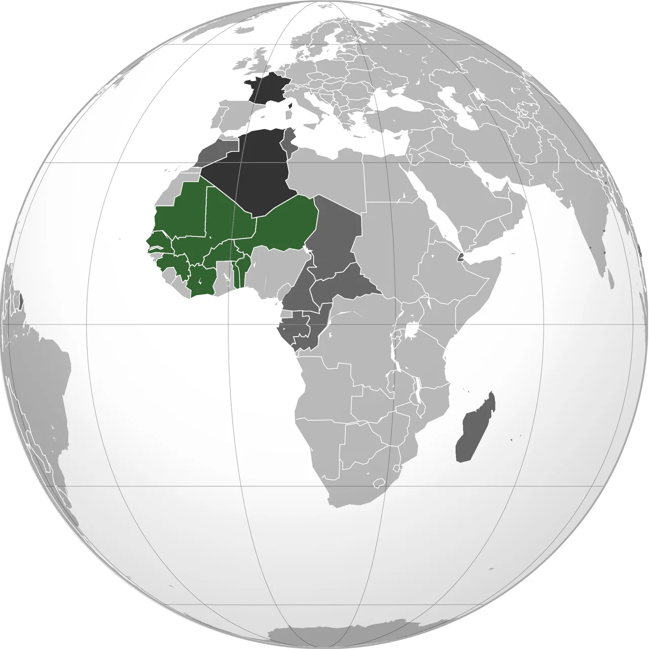 Green: French West Africa (1941) Dark gray: Other French possessionsDarkest gray: French Republic