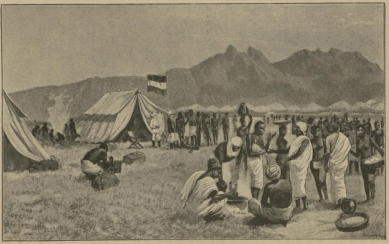 Illustrasjon hentet fra boken "Den tyske Emin Pascha-Expedition" av Peters, Carl og utgitt av Forlagsbureauet (Kjøbenhavn, 1891)