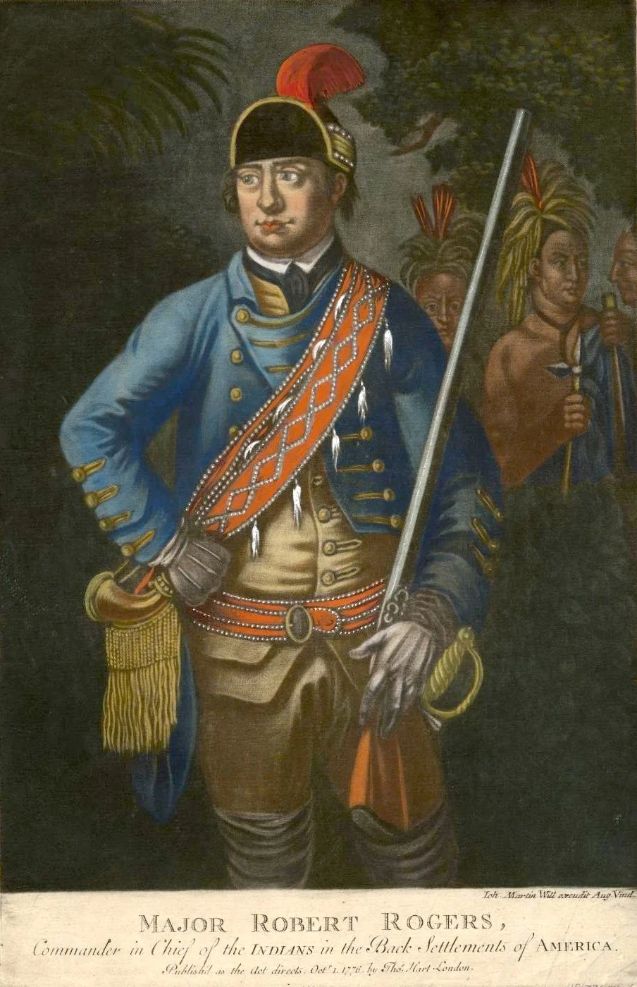 A color mezzotint of a representation of American colonial ranger Robert Rogers. (There are no known likenesses of Rogers made from life.)