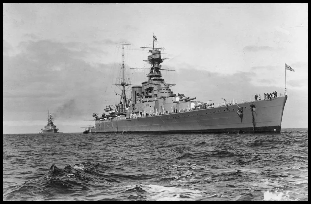Battle cruisers H.M.S. Hood and H.M.S. Repulse at anchor off Outer Harbour during a visit by the Royal Naval Fleet to South Australia.