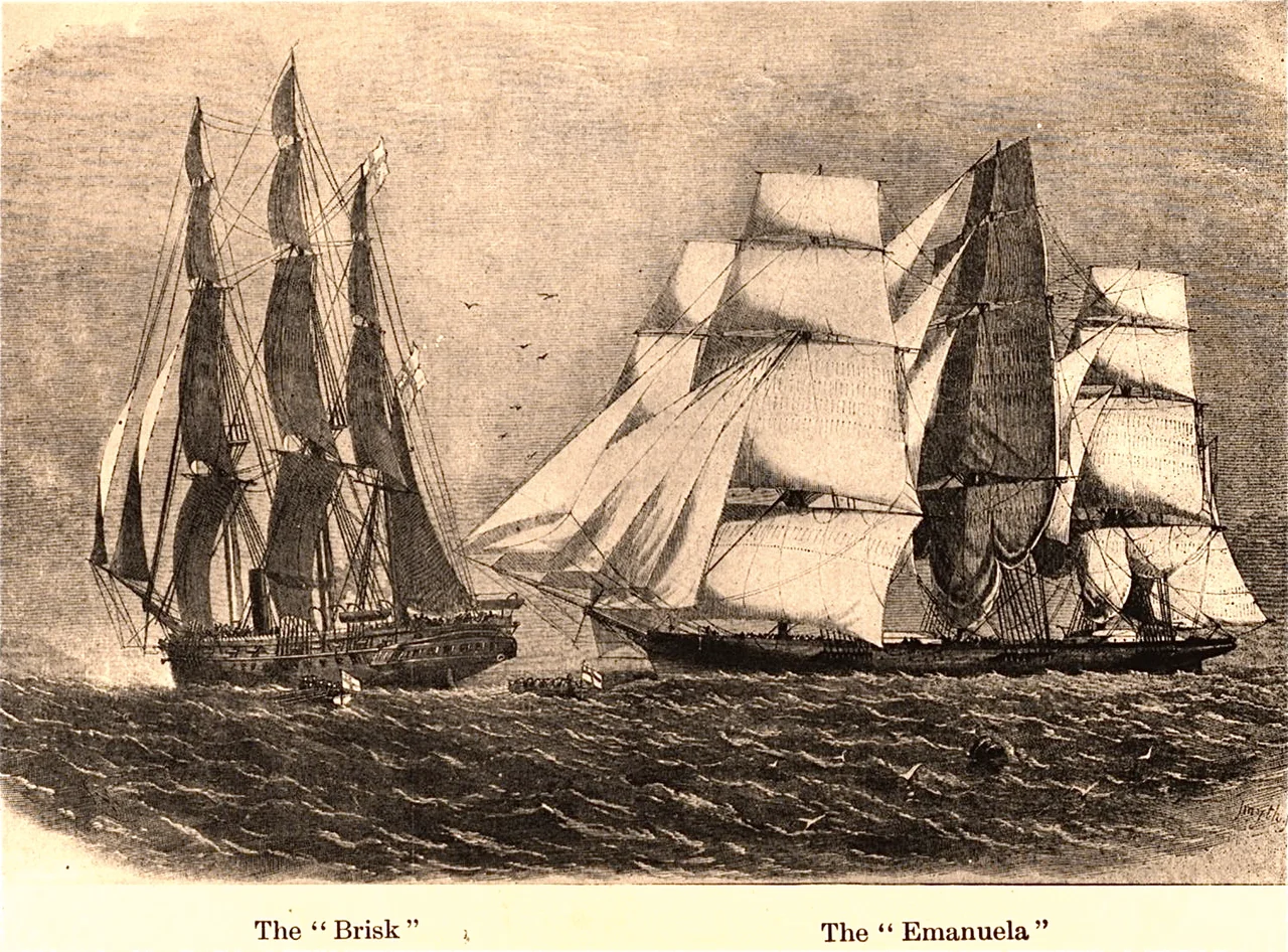 HMS Brisk and Emanuela. Capture of slave ship, also known as Manuela, an 1854 extreme clipper originally named Sunny South.