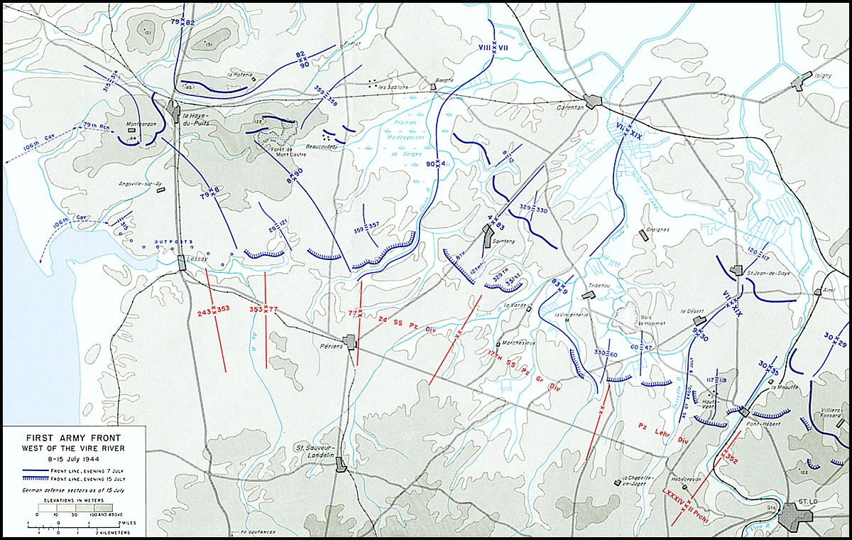 Positions of US and German divisions on 8 July from the Vire river west to the sea