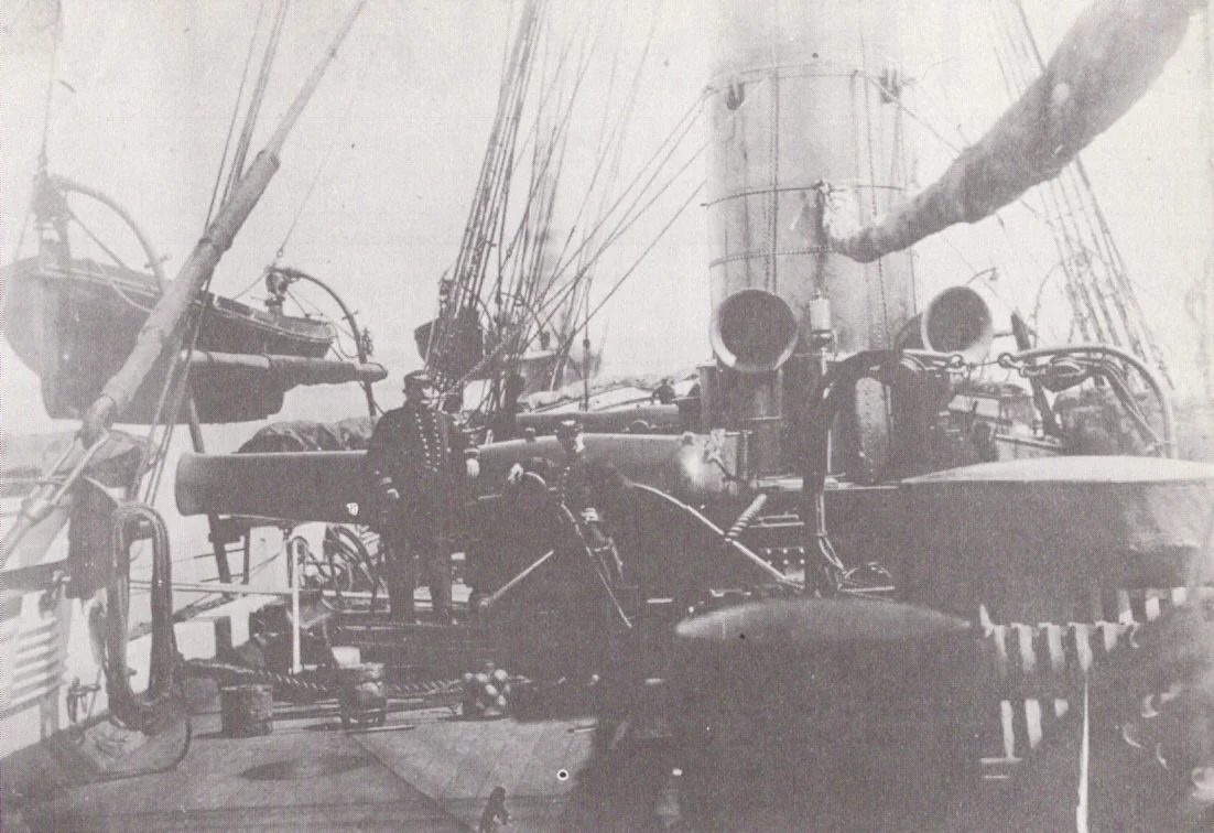 The deck of United States Navy sloop HMS Kearsarge after she sank the Confederate States Navy commerce raider CSS Alabama in the Battle of Cherbourg