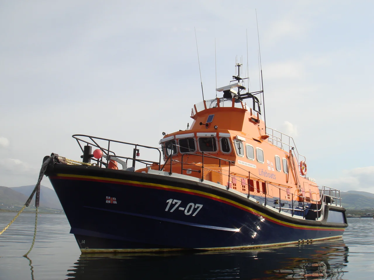 The Valentia Severn class lifeboat “John and Margaret Doig” docked at the harbor of Knightstown (Valentia Island).