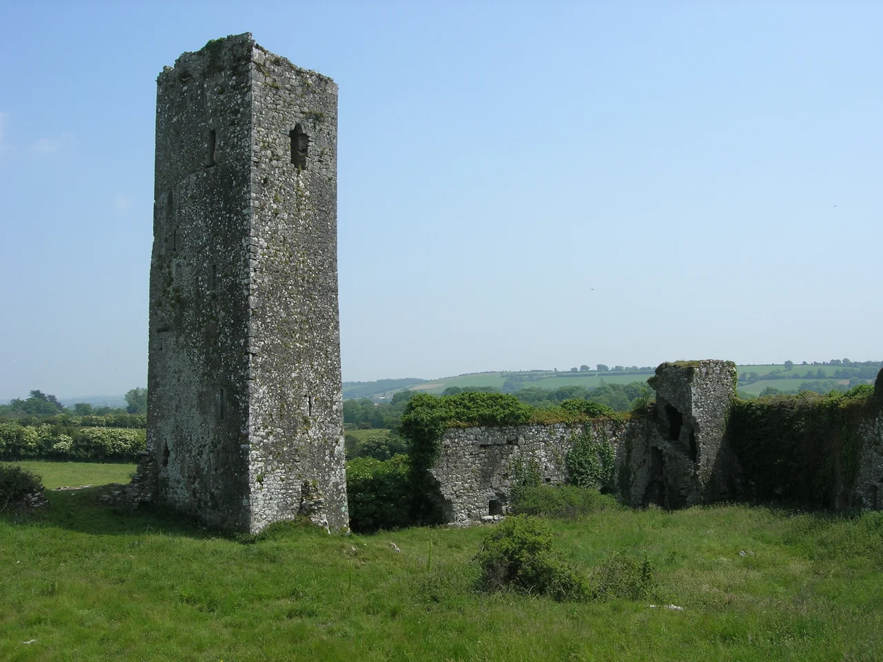 Ballincollig Castle tower and southeast wall.  Picture taken from west wall.  County Cork, Ireland.