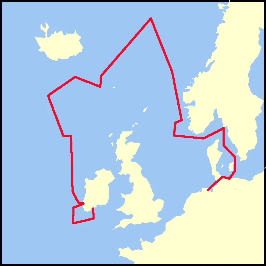 Approximate route of ship Libau (ex Castro, also "Aud") from Germany to Ireland, 1916 (Wilhelmshaven–Kiel Canal–Lübeck/Warnemünde–Gothenburg–Bremanger–Polar circle–Rockall–Tralee Bay–Queenstown)