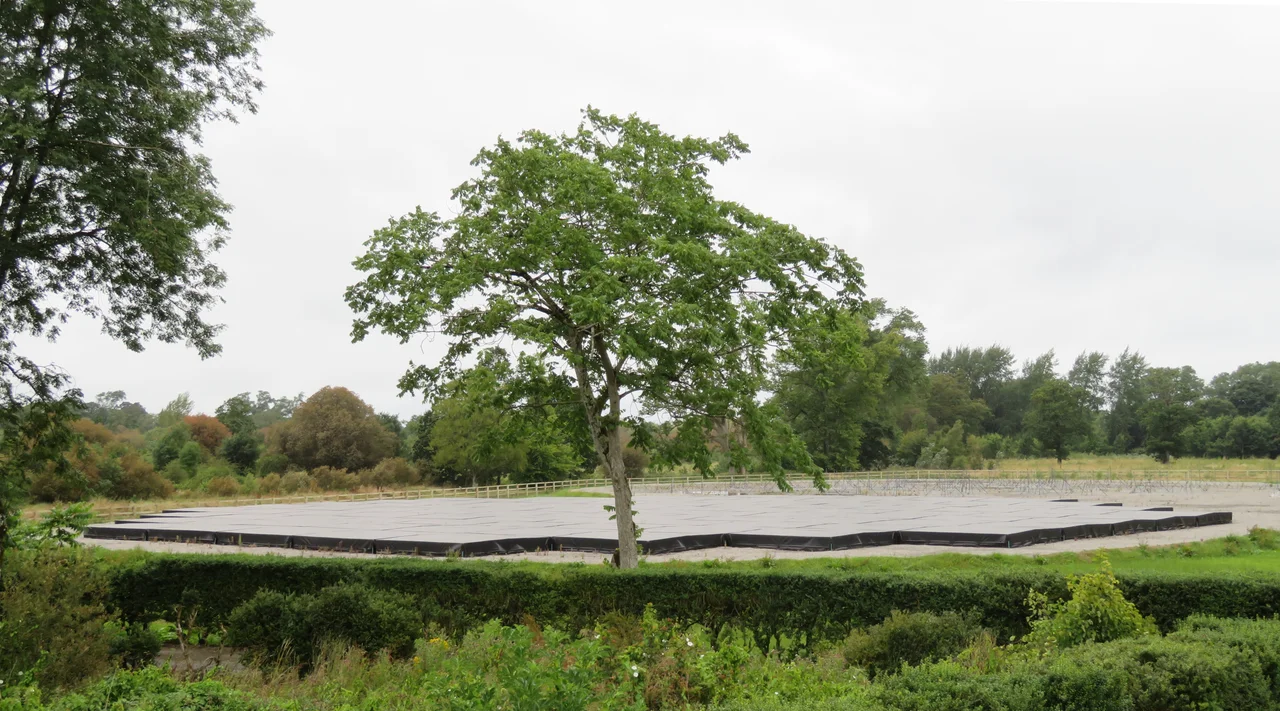 The Irish Low-Frequency Array (I-LOFAR), built at Birr Castle in Ireland in 2017, is a radio telescope that observes the universe at low radio frequencies during the day and night. It is part of the largest telescope in the world, with telescope stations in the array stretching across Europe between Ireland and Latvia. This effectively gives the combined virtual telescope a continent-sized baseline aperture of almost 2,000 km. In this location in Ireland (pictured) there are 96 high-band antenna assemblies (110–240 MHz) contained within the large, black mosaic of tiles in the foreground, and 96 low-band dipole antenna assemblies (10–90 MHz) – the array of poles resembling tall sewing pins in the background held in place by ground anchors, or guy wires; visually, the low-band array resembles a swarm of tripods. Within these assemblies are around 3,000 antenna units. The data from this and the other telescopes in the LOFAR array across Europe are sent by high-bandwidth fibre optic cables to Groningen in the Netherlands where they are integrated and analysed by an IBM Blue Gene/P supercomputer.