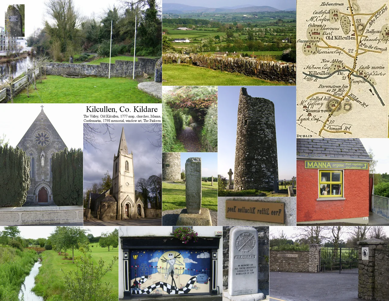 Postcard of Kilcullen (officially Kilcullen Bridge), Co. Kildare, Ireland, with images of The Valley Community Park and R. Liffey, a view from Old Kilcullen, the relevant part of Ireland's first set of road maps, one each of the local Roman Catholic and Church of Ireland churches, a remnant of a High Cross, and the ruins of the Round Tower at Old Kilcullen, the Pinkeen Stream, the 1798 memorial near the town bridge, the gates of Castlemartin Stud, and other local scenes.