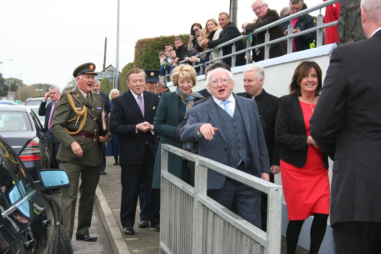 President of Ireland Michael D. Higgins pictured waking into Cliffoney National School with His Wife Sabina (left), Principal Ita MacGowan and Fr. Christy McHugh (Right)