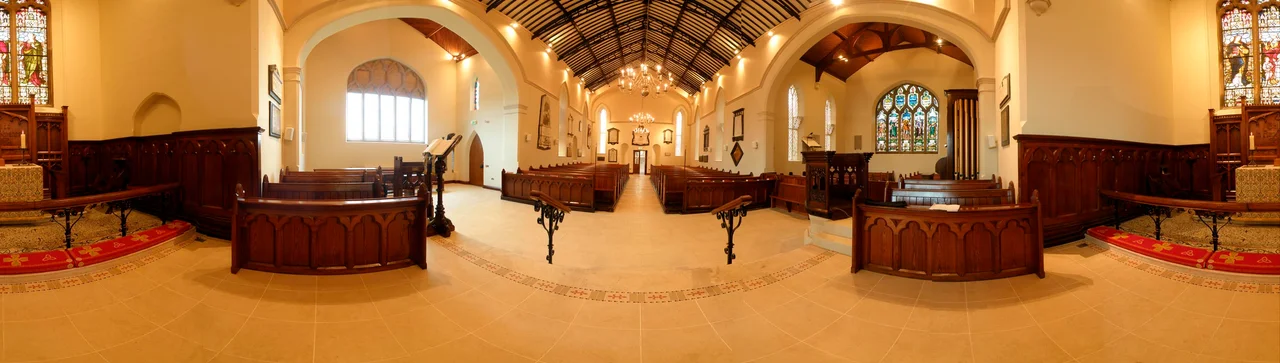 A panoramic view of the interior of St. Mary's Parish Church, Comber, taken from the chancel steps. The stained glass window in the South Transept has not yet been installed (it was installed in December 2008, the photo was taken the previous September)