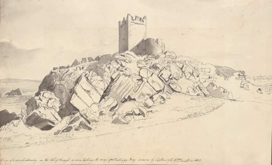Original caption: View of Carrickbrachy in the Isle of Doagh as see looking the way of Thabragy Bay drawn by Captain Sir Wm Smith in 1802.