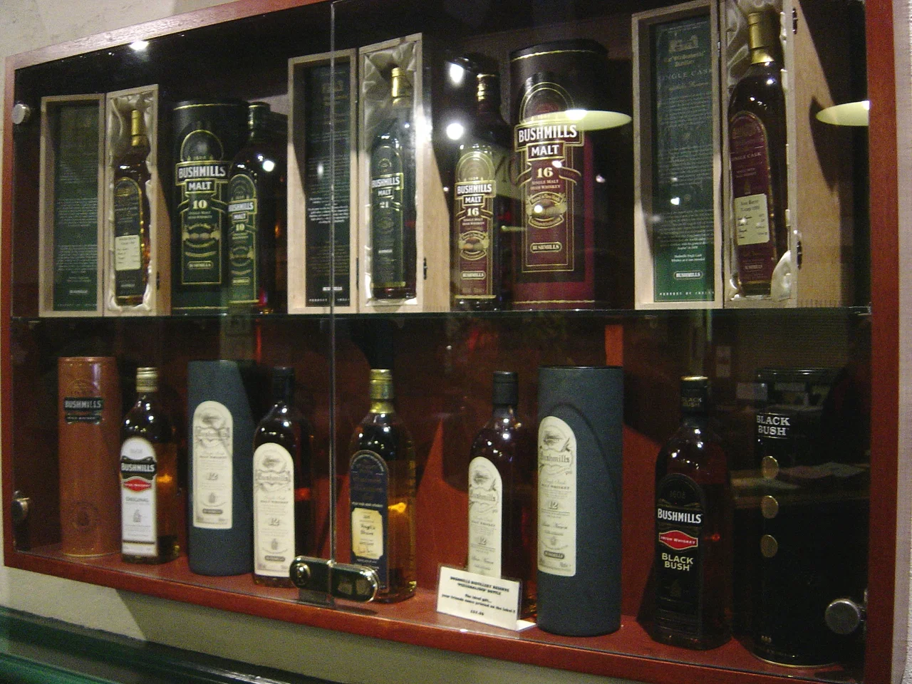 Bushmills whiskey range on display at the Bushmills distillery.