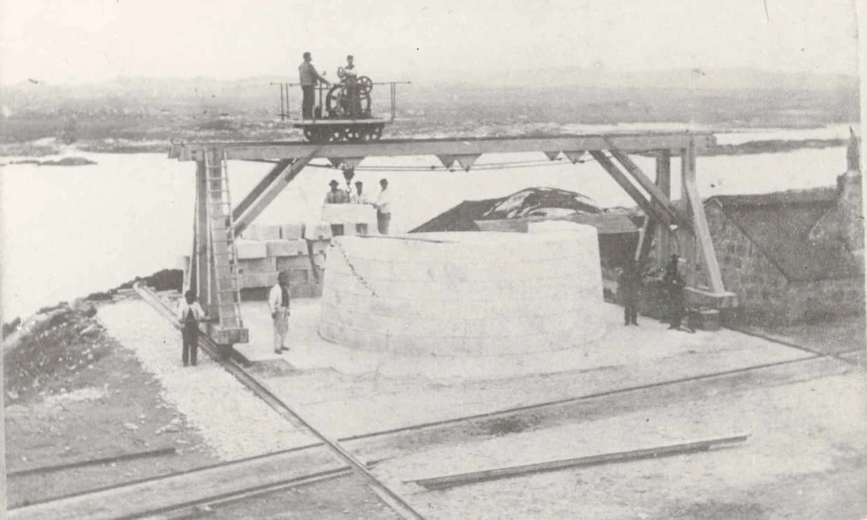 Fitting of the blocks for en:Dubh Artach lighthouse near the quarry on the island of en:Erraid in the Inner Hebrides of Scotland circa 1870.