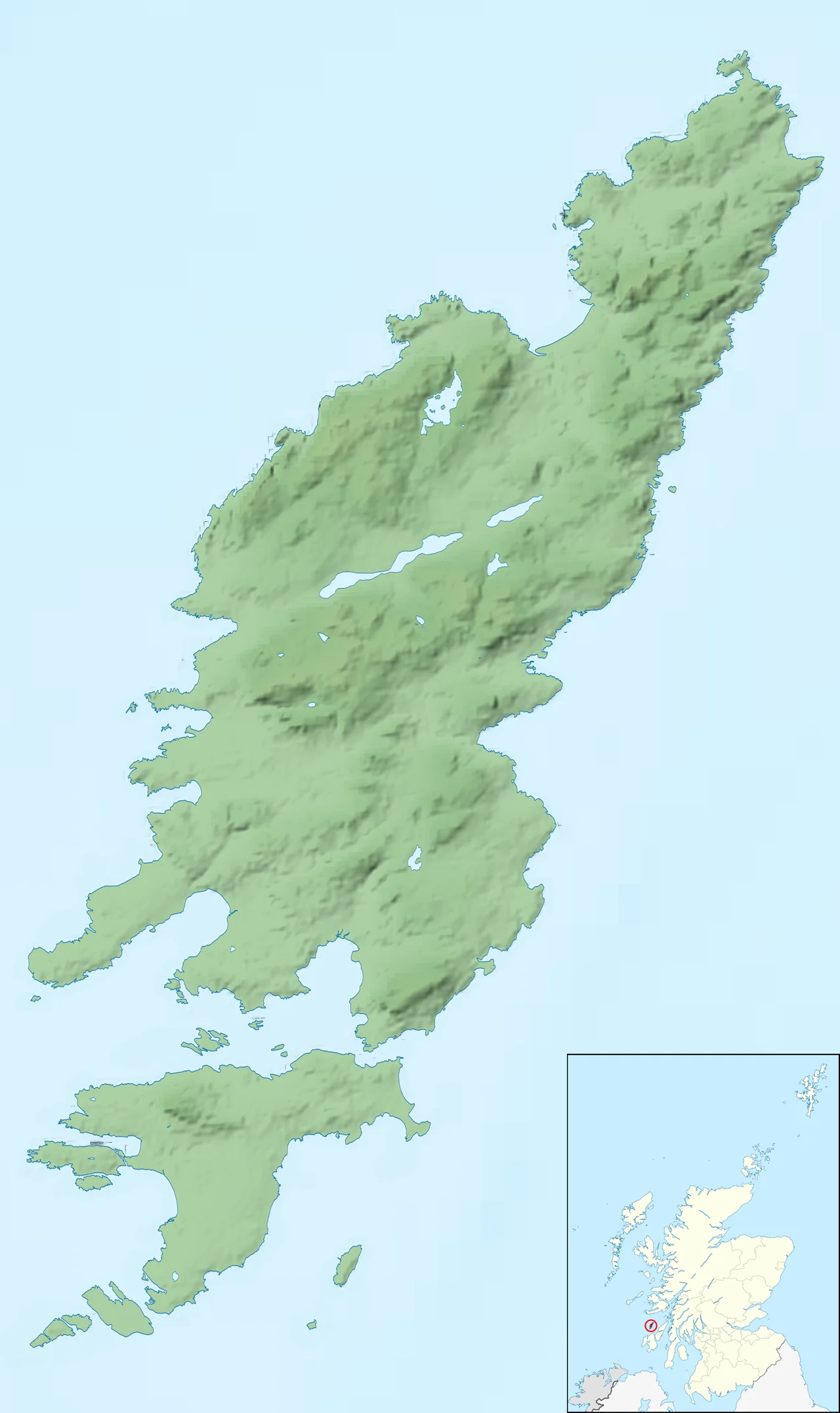 A topographic relief map of the Isle of Colonsay
Equirectangular map projection on WGS 84 datum, with N/S stretched 175%
geographic limits:
WEST: 6.285W
EAST: 6.130W
NORTH: 56.139N
SOUTH: 55.990N
this map is attempting to imitate the style of File:Isle_of_Skye_UK_relief_location_map.jpg by User:Nilfanion!