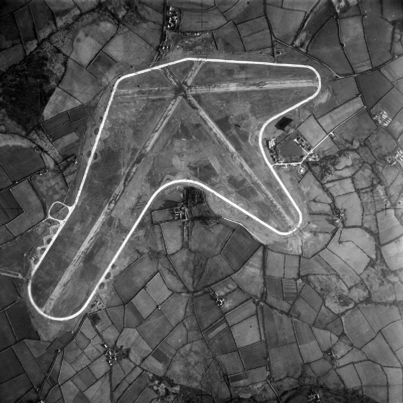 Vertical aerial view of RAF Brawdy, Pembrokeshire (UK). Although it was used as a satellite airfield by the nearby St David's at this time, Brawdy did not officially open until February 1944 when No. 517 Squadron RAF moved there to fly meteorological sorties over the Atlantic Ocean and the Western approaches.