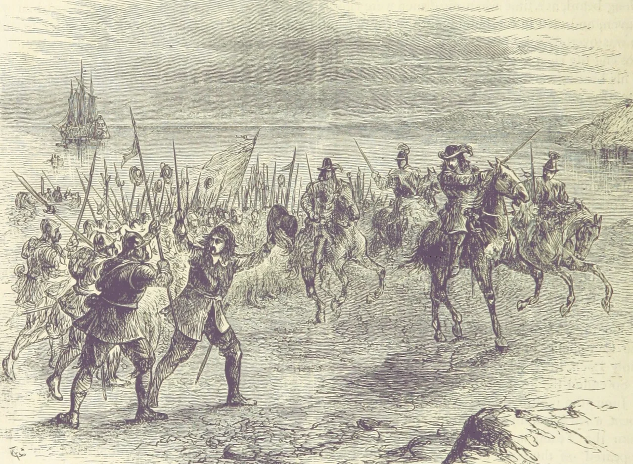 James Scott, Duke of Monmouth, lands at Lyme Regis during the 1685 Monmouth Rebellion.